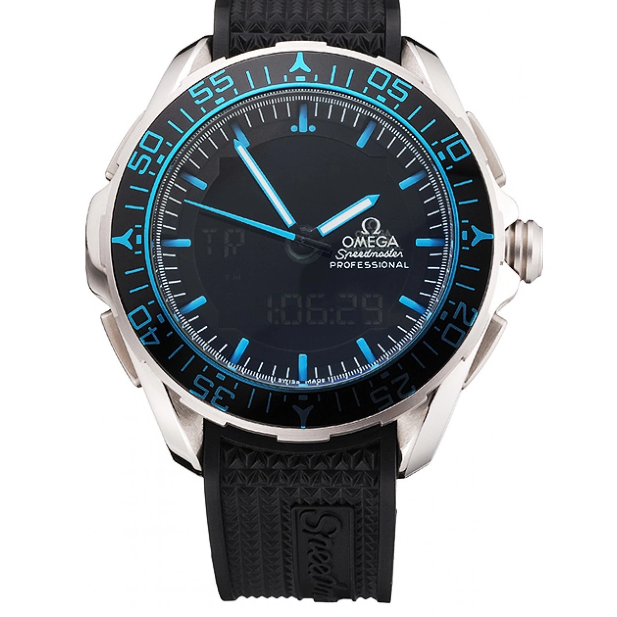 1025 Omega Speedmaster Skywalker X-33 Black Dial Blue On Black Bezel Stainless Steel Black Rubber Strap